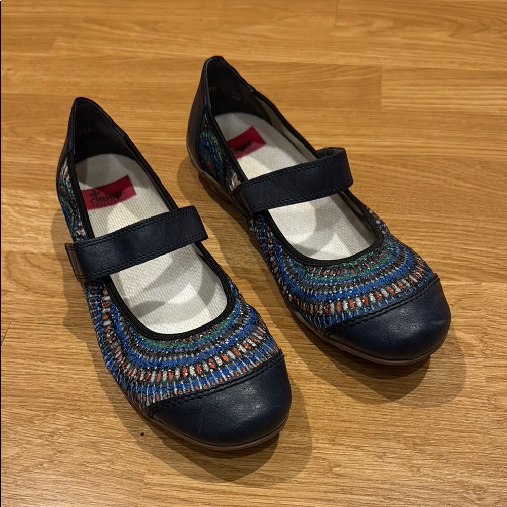 Navy Blue Mary Jane Flats with Colorful Stitching